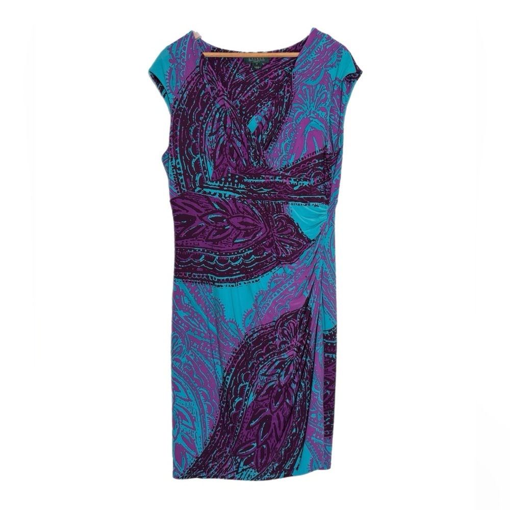 Ralph Lauren light teal & magenta large paisley print stretchy midi dress